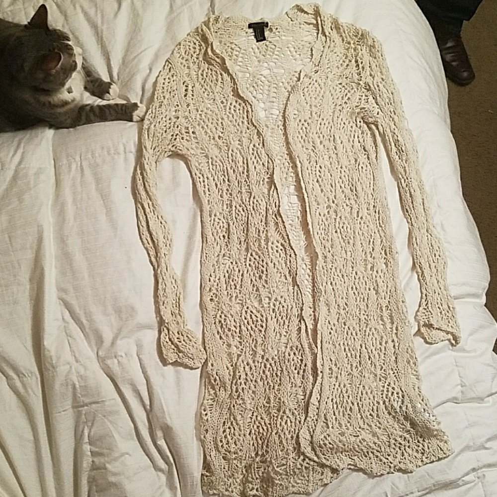 Boho F21 Cream Crochet Long Cardigan
